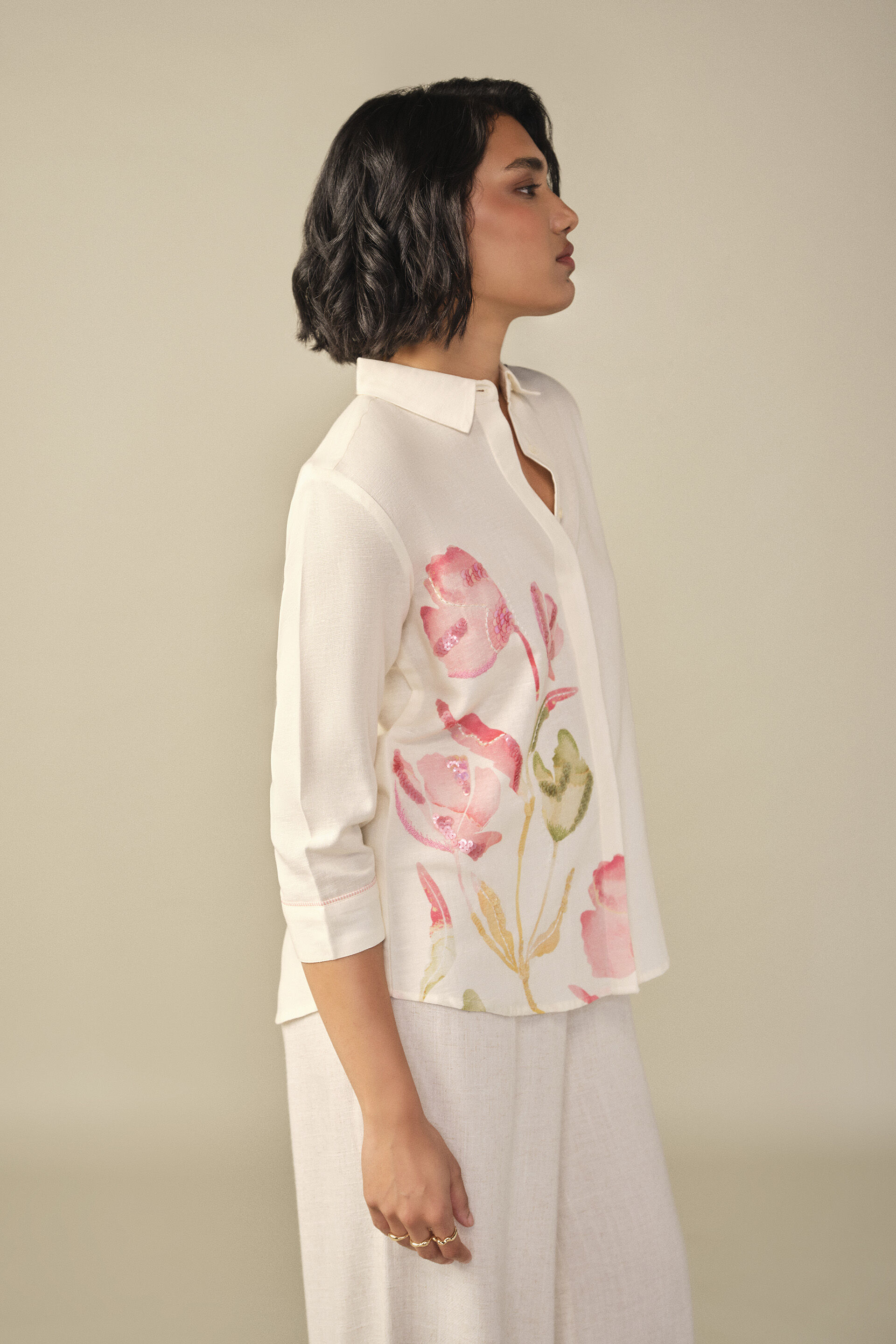 Floral Embroidered Shirt in Cream, White, image 3